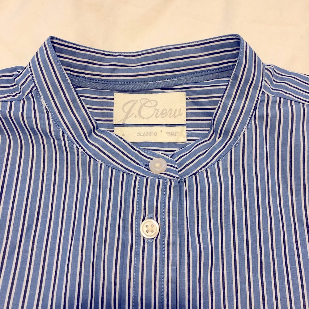 J. Crew blue S striped Oxford collarless shirt, never worn 2021, like Celine.